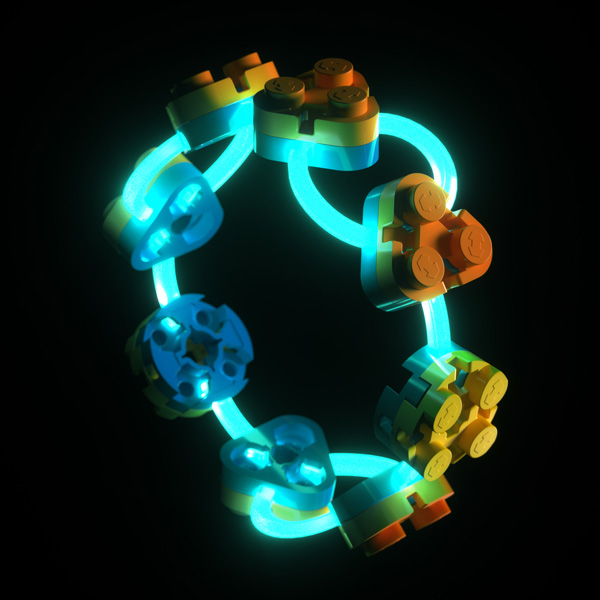 Flexo bracelet with circular and triangular bricks and glow in the dark tendons 